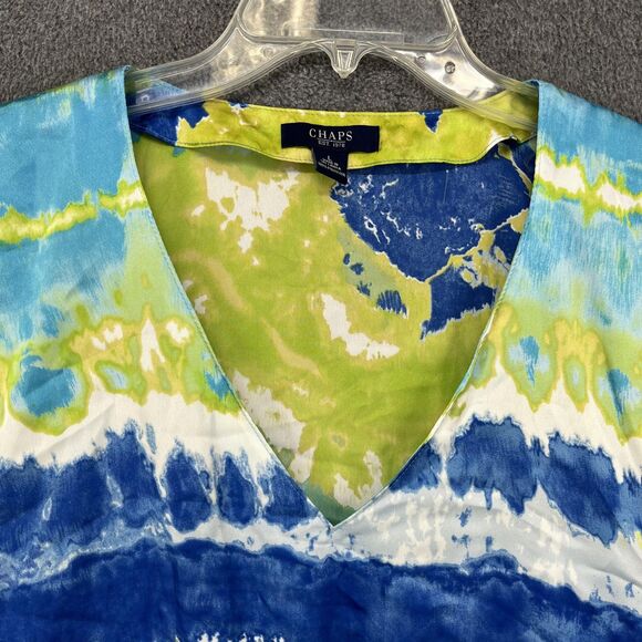 Chaps Shirt Womens Large Blue Green Tie Dye V Neck Kimono Sleeve Drawstring - Picture 2 of 15